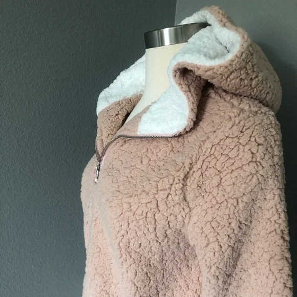 Coeur de Vague Blush Fluffy Quarter-Zip Plush Hoodie Fleece Sweatshirts - Picture 11 of 16